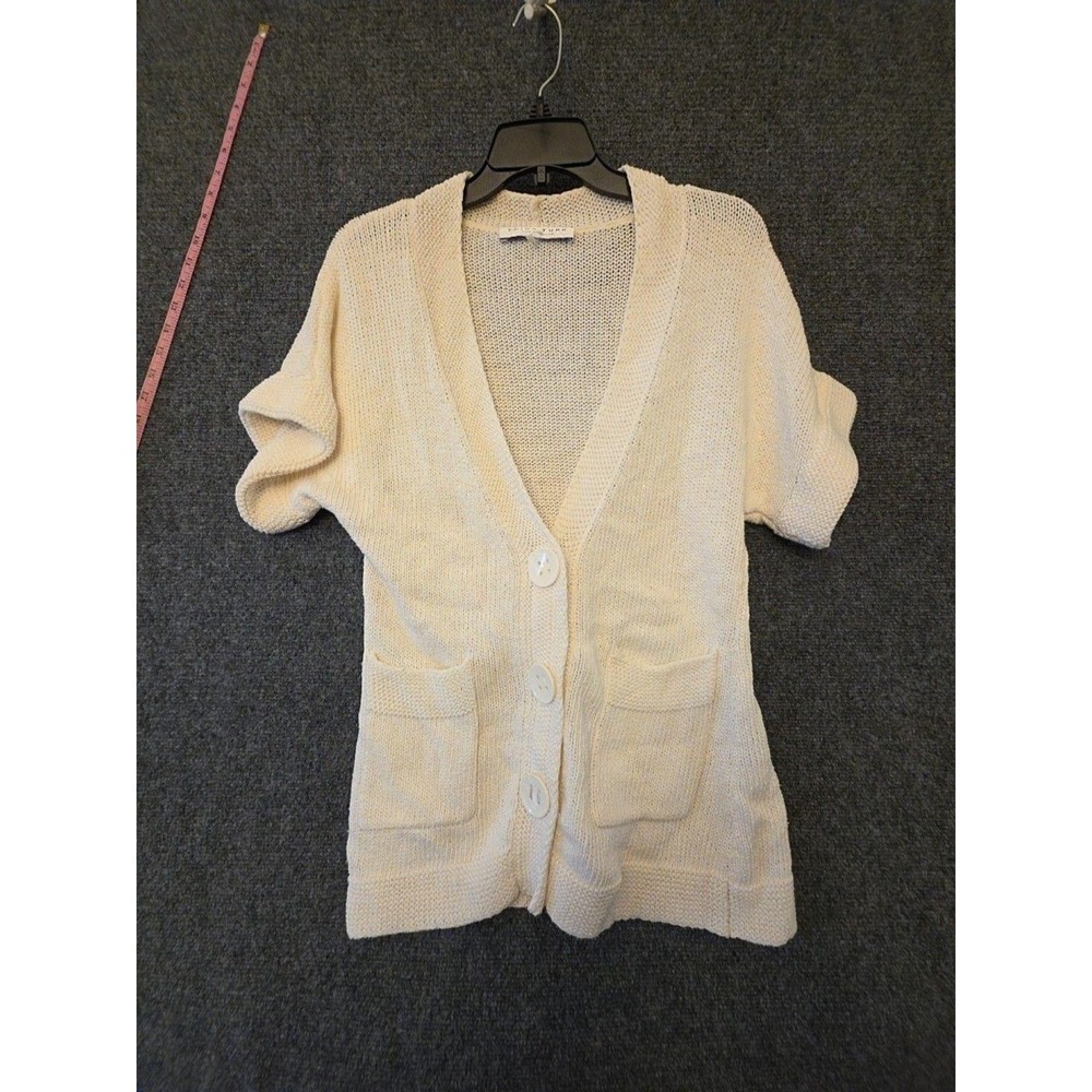 Trina Turk Cardigan Sweater Womens M White V Neck Short Sleeve Pockets Knit